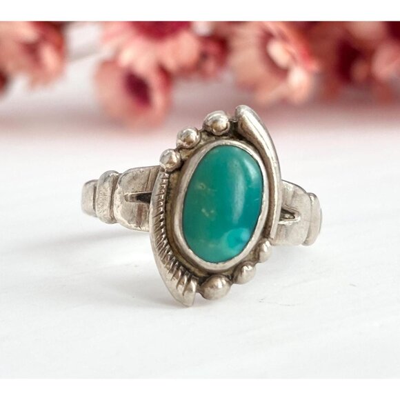 Beaded Bell Trading Post Mexican Turquoise Sterling Silver 925 Ring - sz 5.25 - Picture 1 of 9